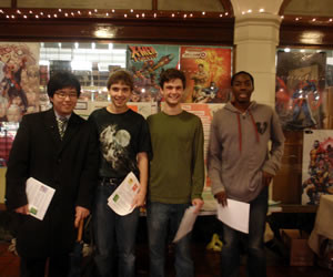 Members of the Brookline Literacy Partnership hosted an informational table at this year's 1st Light Festival. From left to right, John Oh, Benjamin Doughty, Ben Hoff and Evan Cutts